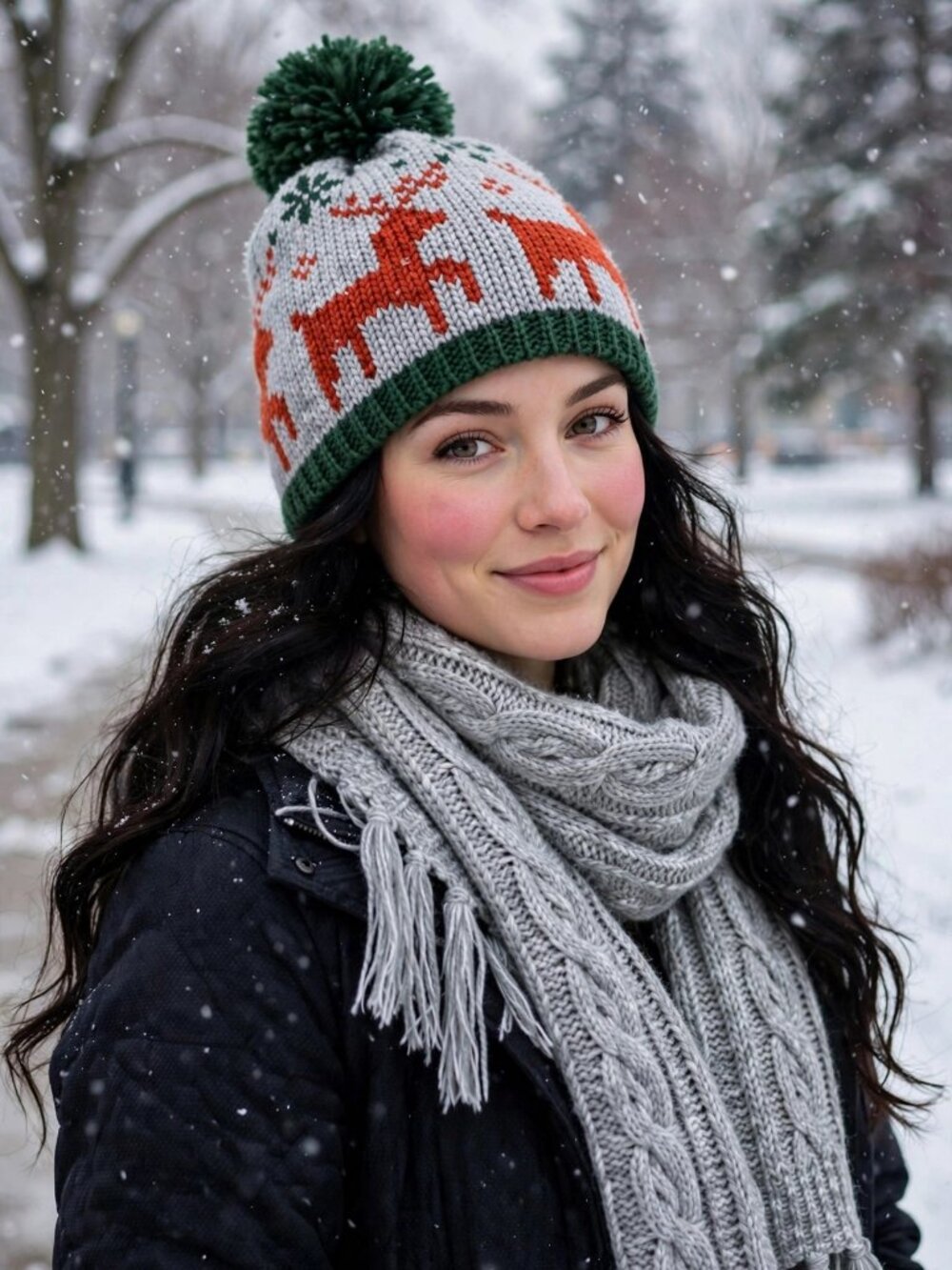 RELLA Reindeer Pom Beanie + TREASURE & BOND Cable Knit Scarf | Winter Set | OS